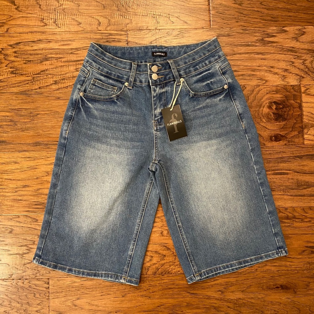 Flamingals Denim Bermuda Shorts Women Medium Blue High Waist Longline Stretch